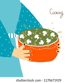 Woman holding a pot with food. Vector hand drawn illustration.