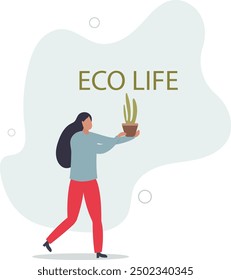 Woman Holding Potted Flower, Promoting Sustainability, Green Living, Nurturing The Plant.flat design with people.