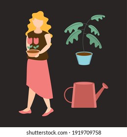 woman holding potted flowers potted plant and watering can gardening icons vector illustration