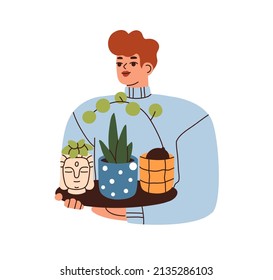 Woman holding potted houseplants set on tray in hands. Female, plant lover portrait. Happy person with green house succulents in flowerpots. Flat vector illustration isolated on white background
