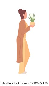 Woman holding potted plant semi flat color vector character. Editable figure. Full body person on white. Home garden simple cartoon style illustration for web graphic design and animation
