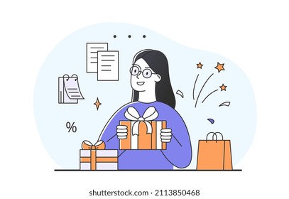 Woman holding present box. Character received gift. Girl pleased with attention. New Year, Christmas or birthday. Seller offers goods, marketing banner or poster. Cartoon flat vector illustration