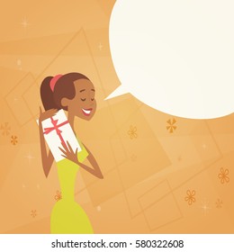 Woman Holding Present Box Retro Poster 8 March Holiday Vector Illustration