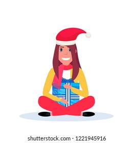 woman holding present gift box sitting lotus pose happy new year merry christmas concept female cartoon character isolated vector illustration