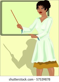 Woman holding a presentation (with empty panel) or a teacher