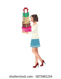 Woman holding presents. vector illustration