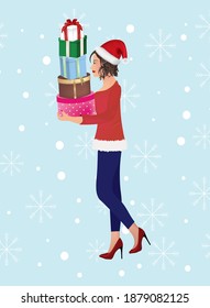 Woman holding presents. vector illustration