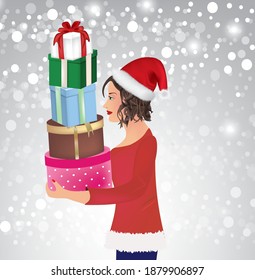 Woman holding presents. vector illustration