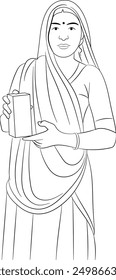 Woman holding a product pack, hand drawn in thin line style