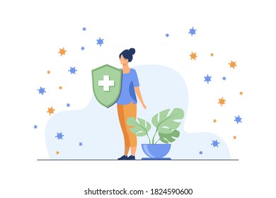 Woman holding protective shield against virus. Bacterium, health, air flat vector illustration. Protection and pandemic concept for banner, website design or landing web page