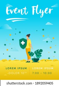 Woman holding protective shield against virus. Bacterium, health, air flat vector illustration. Protection and pandemic concept for banner, website design or landing web page
