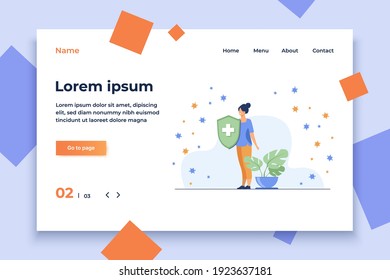 Woman holding protective shield against virus. Bacterium, health, air flat vector illustration. Protection and pandemic concept for banner, website design or landing web page