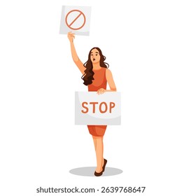 Woman holding protest signs with stop and prohibition symbols, flat cartoon style on white background. Concept of activism and demonstration. Vector illustration