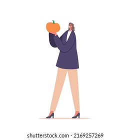 Woman Holding Pumpkin In Hands Isolated On White Background. Adult Female Character With Ripe Orange Gourd, Farm Vegetable, Healthy Product For Cooking Or Dieting. Cartoon People Vector Illustration