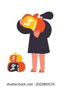 Woman holding pumpkins. Vector people and pumpkins, isolated on white background. Happy Halloween banner or party invitation. Cartoon vector clip art. Flat happy people running after shopping.