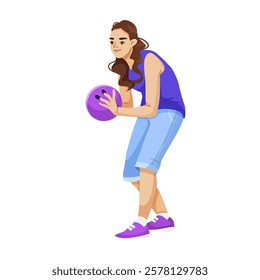 Woman holding purple bowling ball, ready to play. Vector illustration