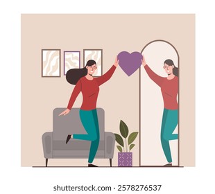 A woman holding a purple heart in front of a mirror, reflecting her image. Modern interior with a sofa, potted plant, and wall art. Self-love concept. Vector illustration