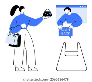 Woman holding a purse with shopping bags, online window displaying cash back, and empty shopping bag. Ideal for online shopping, e-commerce benefits, reward programs, digital transactions, consumer