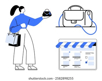 Woman holding a purse, shopping bags in hand, examining a handbag, online store UI. Ideal for e-commerce, online shopping, digital marketing, retail business, customer experience, fashion commerce