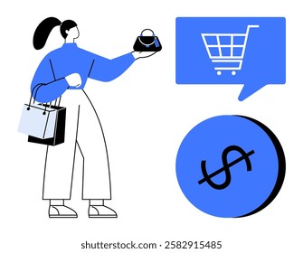 Woman holding a purse and shopping bags examining purchase options. Shopping cart and dollar sign inside blue speech bubble and circle. Ideal for retail, e-commerce, sales, marketing, fashion