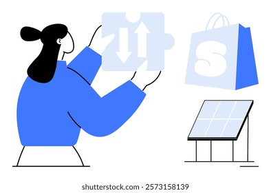 Woman holding a puzzle piece with arrows. Solar panel and shopping bag visible beside her. Ideal for renewable energy, e-commerce, problem-solving, energy efficiency, and sustainability. Simple