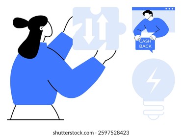 Woman holding a puzzle piece with bidirectional arrows. Nearby, a man with a cashback symbol and a light bulb icon. Ideal for themes of teamwork, business solutions, cashback incentives, energy