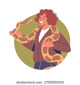 Mulher segurando python animal de estimação exótico