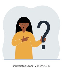 A woman is holding a question mark symbol. Ask questions and look for answers. FAQ or frequently asked questions concept, online support center.