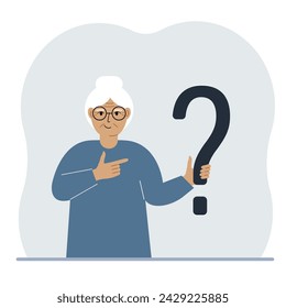 A woman is holding a question mark symbol. Ask questions and look for answers. FAQ or frequently asked questions concept, online support center.