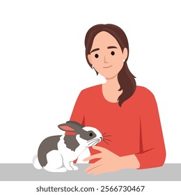 Woman holding a rabbit. Flat vector illustration isolated on white background