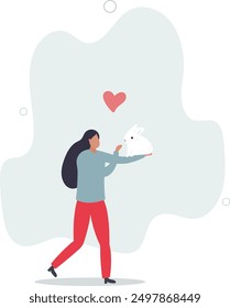 woman holding a rabbit in her hands.cute pets concept.flat design.illustration with people.