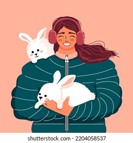 Woman holding a rabbits. Girl in the winter jacket. Hare, bunny -Symbol of the chinese New Year 2023. Vector illustration