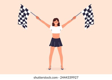 Woman holding racing flags in hands announces start of extreme competition for drivers of sports cars. Checkered flags to alert street racing participants that finish line is approaching