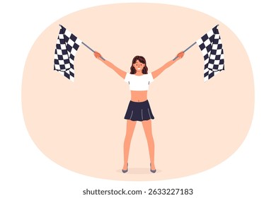 Woman holding racing flags in hands announces start of extreme competition for drivers of sports cars. Checkered flags to alert street racing participants that finish line is approaching