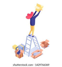 Woman holding rating star isometric illustration. Female shop assistant, seller standing on ladder and decorating store vector 3d character. Commerce and trade industry, marketing isolated clipart