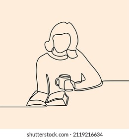 woman holding reading book oneline continuous single line art editable handdrawn