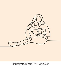 woman holding reading book oneline continuous single line art editable handdrawn