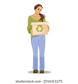 Woman holding recycling box on white background. Vector illustration