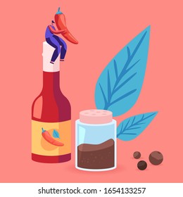 Woman Holding Red Chili Pepper Sitting on Chilli Ketchup or Sauce Bottle, Shaker with Ground Black Spice. Female Character with Seasoning Ingredient for Hot Food Dish. Cartoon Flat Vector Illustration