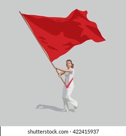 woman holding red falg brush drawing