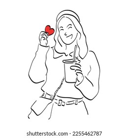 woman holding red heart   iced coffee illustration vector hand drawn isolated white background line art 