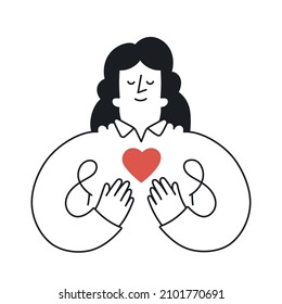 Woman holding a red heart. Outline, linear, thin line, doodle art. Simple style with editable stroke.