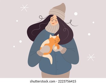 A woman is holding a red kitten outdoors. The girl loves her funny cat and takes care of him. Winter, snow, love for animals. Modern vector illustration isolated flat style.