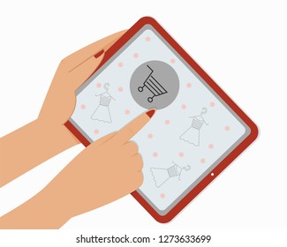 A woman is holding a red tablet. Make online purchases. Isolated. Flat design. For banner, web, flyer, advertising, etc.