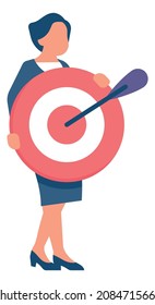 Woman holding red target with arrow. Goal achievement concept