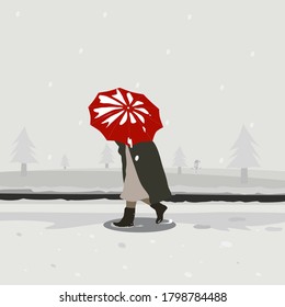 Woman holding a red umbrella walking in snowy weather. Vector illustration with simply, minimal, hand drawing.