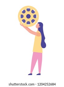 woman holding reel strip cinema