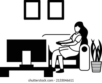 Woman Holding Remote While Sitting On Sofa In Cozy Apartment Vector Icon Design, Weekly Holidays Activity Symbol, Week Rest Days Sign, Lazy Weekend People, Girl Watching Tv Show At Late Night Concept