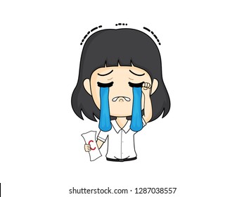 Woman Holding Result Fail Exam. She Is Crying About Fail An Exam. Woman Character Design.