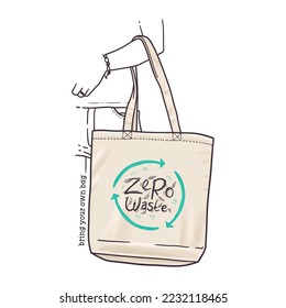 Woman holding reusable grocery bag. Zero waste concept Vector illustration